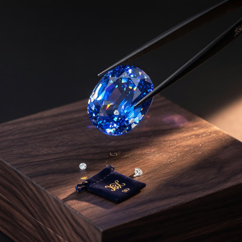 Blue sapphire under tweezers